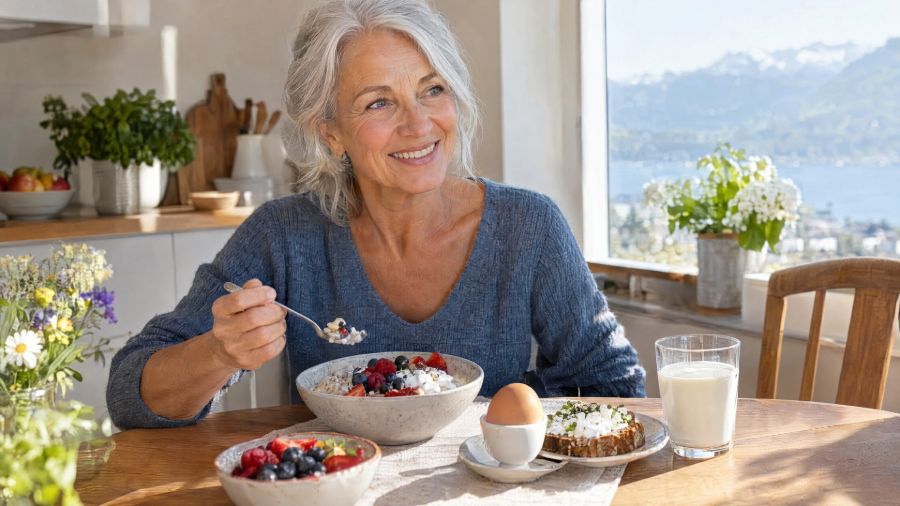 Older woman having breakfast at a kitchen table with muesli, bread, an egg and milk.