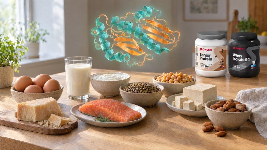Kitchen table with milk, yoghurt, eggs, cheese, salmon, lentils, chickpeas, tofu and almonds, with a symbolic illustration of a protein molecule above and Sponser Senior Protein and Sponser Whey Isolate 94 behind.