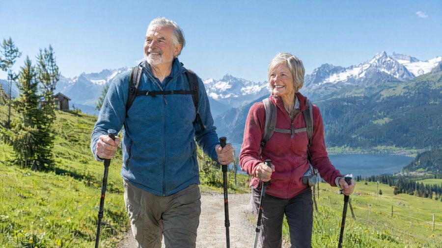 An older couple walks with hiking poles through a mountain meadow.