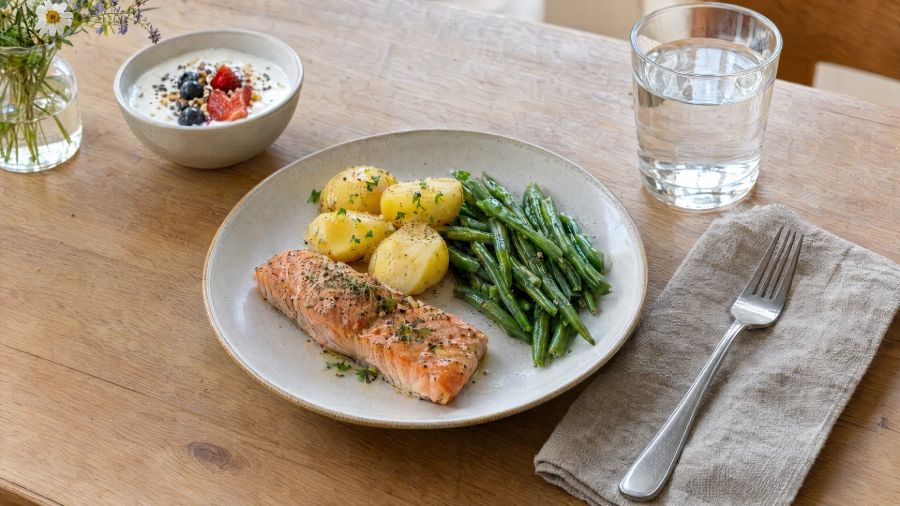 A lunch of salmon, potatoes and green beans, with a yoghurt alongside.