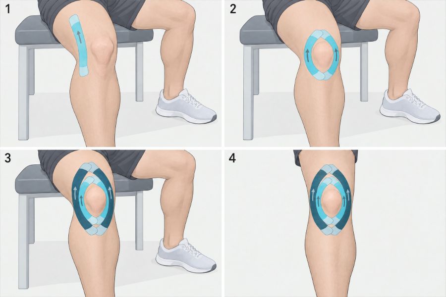 Vier Schritte am rechten Knie: Ein kurzer I-Streifen aussen, einer innen und zwei längere darüber umschliessen die freie Kniescheibe. Zuletzt wird das Knie gestreckt.