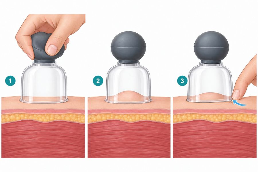 Drei Schritte mit einem Saugballglas: vollständig aufsetzen und Ball drücken, loslassen, zum Lösen den Rand seitlich anheben. Beim Lösen bleibt der Ball gerundet.