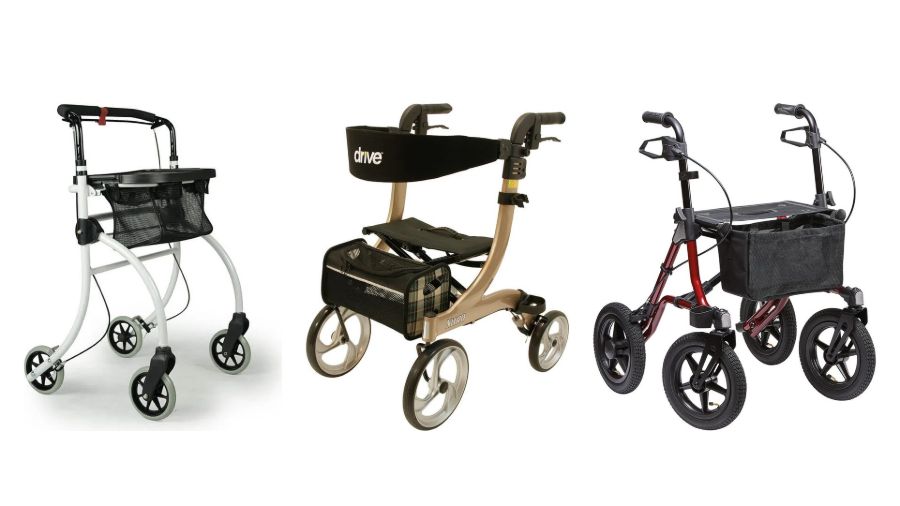 Drei Rollatoren nebeneinander: links der schmale Indoor-Rollator Roomba mit Tablett, in der Mitte der Rollator Nitro mit Sitz und Tasche, rechts der Outdoor-Rollator TAiMA XC mit grossen Luftreifen.