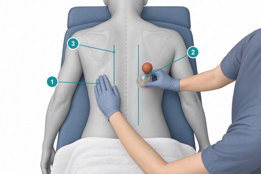 Schema der Schröpfmassage mit einer zweiten Person: Öl auftragen, mit leichtem Sog ansetzen und Bahnen neben der Wirbelsäule führen. Mittellinie, Knochen und Nacken bleiben frei.