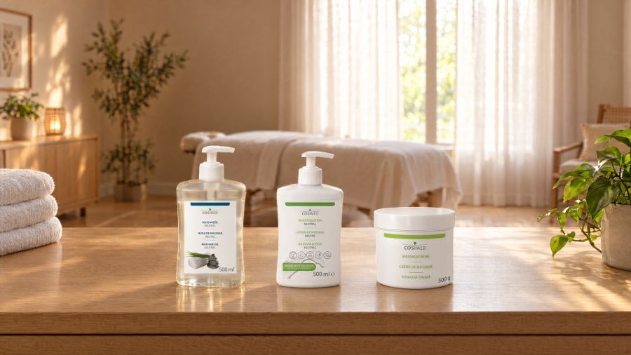 cosiMed Massageöl Neutral und Massagelotion Neutral in Pumpflaschen sowie eine geschlossene Dose Massagecreme auf einem hellen Holz-Sideboard in einer Massagepraxis; im Hintergrund Behandlungsliege und gefaltete Handtücher.