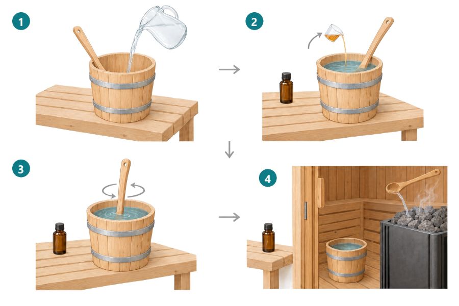 2×2-Schema: 1 Wasser in den Kübel giessen. 2 Konzentrat aus der Braunglasflasche mit Messbecher ins Wasser dosieren. 3 Mit der Kelle umrühren, Flasche auf der Bank. 4 Flasche vor der Tür lassen; Kübel in die Sauna nehmen und mit der Kelle über die Steine giessen.