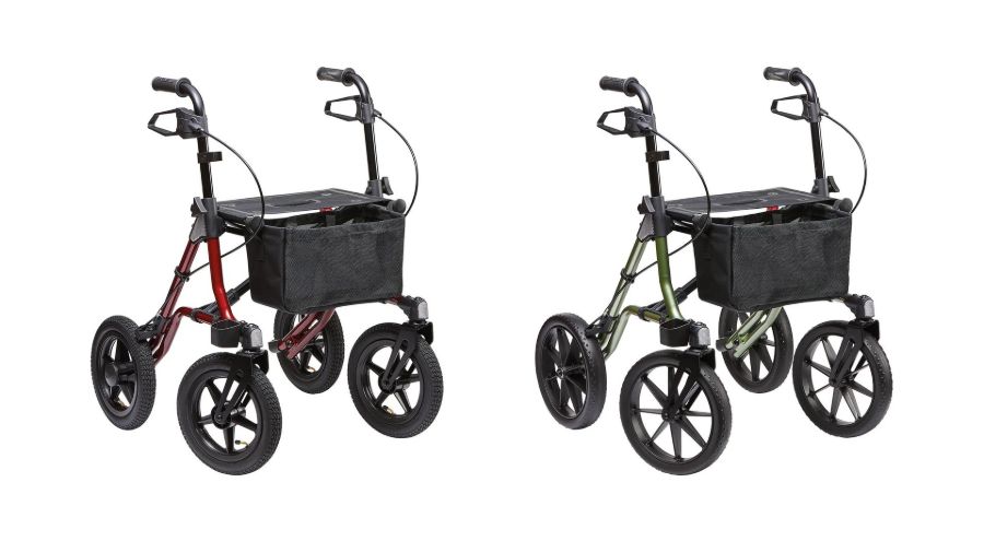 Two versions of the TAiMA XC outdoor rollator side by side: on the left in red with treaded pneumatic tyres, on the right in green with puncture-proof PU wheels.