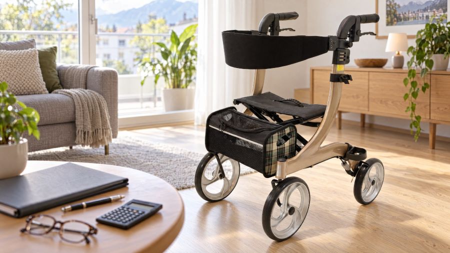 Ein Rollator steht in einem hellen Wohnzimmer; im Vordergrund liegen Mappe, Taschenrechner und Brille auf einem Tisch.
