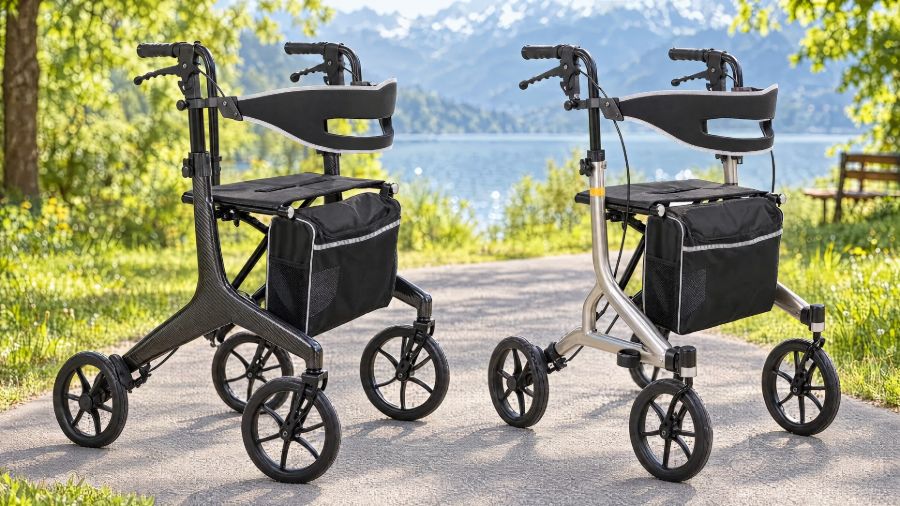 Two lightweight rollators side by side on an asphalt lakeside path in a park, the left one with a dark carbon frame, the right one with a silver aluminium frame, a lake in the background. Illustrative material comparison.