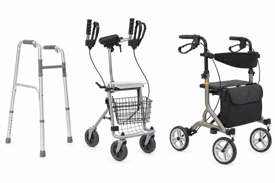 Links ein Gehgestell ohne Räder, in der Mitte ein Gehwagen mit Unterarmauflagen, rechts ein Rollator mit Rädern und Sitz vor weissem Hintergrund.