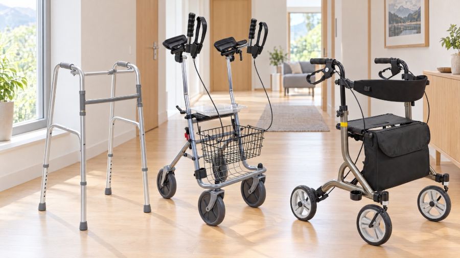 Ein Gehgestell ohne Räder, ein Gehwagen mit Unterarmauflagen und ein Rollator mit Sitz stehen in einem hellen Wohnflur.