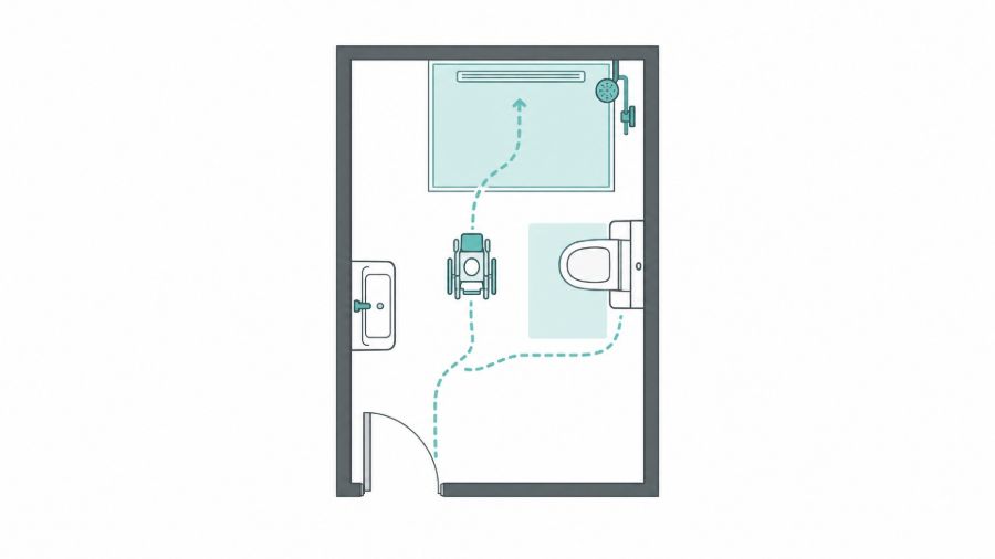 Schematischer Badgrundriss mit Tür, Lavabo, WC mit freier Fläche davor und bodenebener Dusche; gestrichelte Wege führen von der Tür zum WC und in die Dusche, ohne Massangaben.