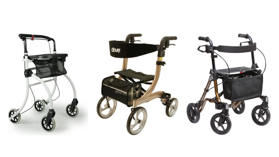 Three narrow rollators side by side, not to scale: the Roomba indoor rollator with tray, the Nitro rollator and the TAiMA S-GT with seat and bag.