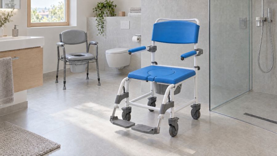 Blauer Dusch-Toilettenrollstuhl Aston mit kleinen Rädern vor einer bodenebenen Dusche, im Hintergrund ein grauer stationärer Toilettenstuhl TS 130 neben dem WC in einem hellen Badezimmer.
