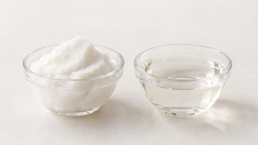 Zwei Glasschalen nebeneinander: links weisses, festes Kokosfett, rechts klares, flüssiges Kokosöl.