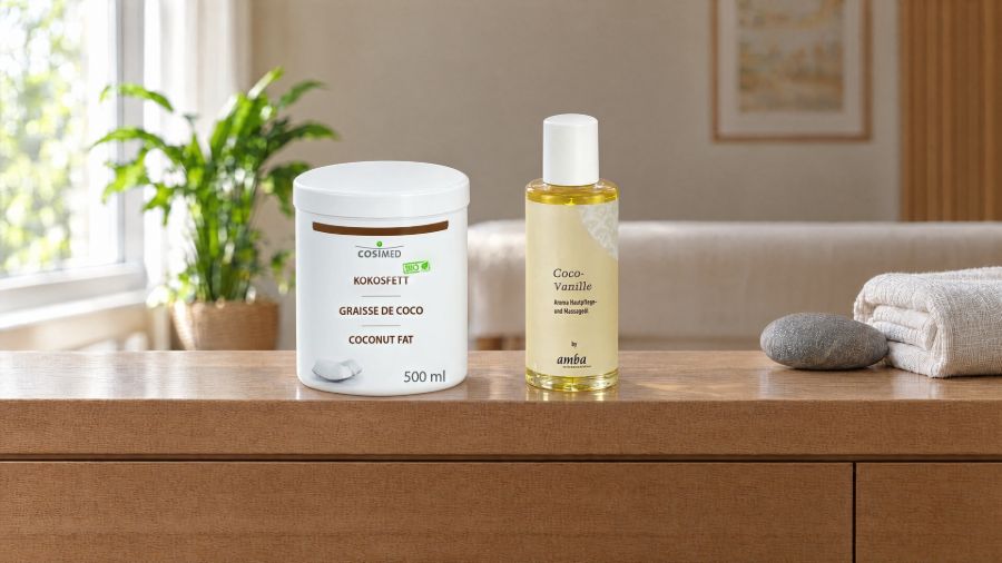 Dose cosiMed Kokosfett und Flasche amba Kokos-Vanille-Massageöl auf heller Eichenablage; rechts ein gefaltetes Handtuch und ein grauer Stein, im unscharfen Hintergrund eine Massageliege und eine Pflanze am Fenster.