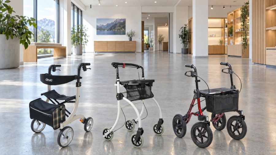 Drei Rollatoren nebeneinander in einem hellen Ausstellungsraum mit Betonboden: links ein drive Nitro mit Sitz und Tasche, in der Mitte ein weisser drive Roomba mit Tablett und Netzkorb, rechts ein roter DIETZ TAiMA XC mit grossen Rädern. Symbolbild.