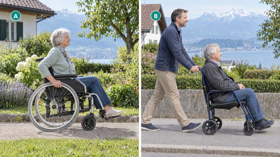 Zwei Szenen mit See und Bergen im Hintergrund. A links: Eine ältere Frau fährt auf einem Gartenweg selbst über die Greifreifen eines Rollstuhls mit grossen Hinterrädern. B rechts: Ein Mann schiebt einen älteren Mann in einem Transportrollstuhl mit kleinen Hinterrädern auf einem Trottoir.