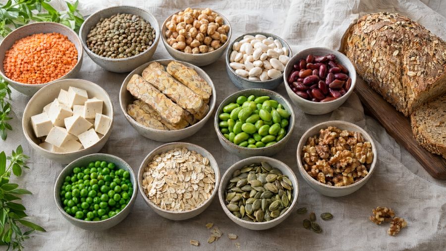 Pulses, tofu, tempeh, wholegrain bread, oats, nuts and seeds on a table.