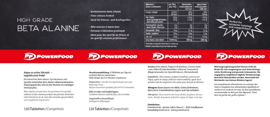 Powerfood One High Grade Beta Alanine - Neutre, 120 Comprimés